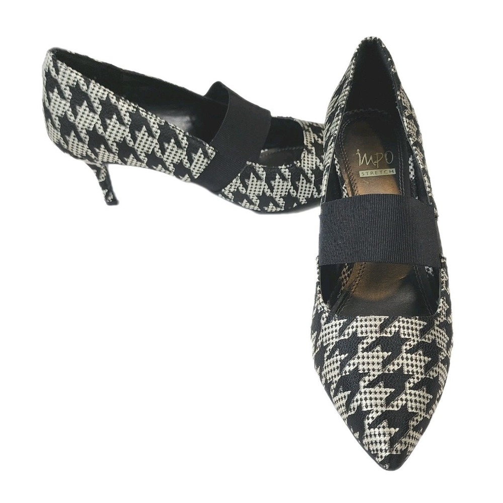 Impo Houndstooth Center Strap Pumps Shoes Womens 10M Black Silver Pointed Toe